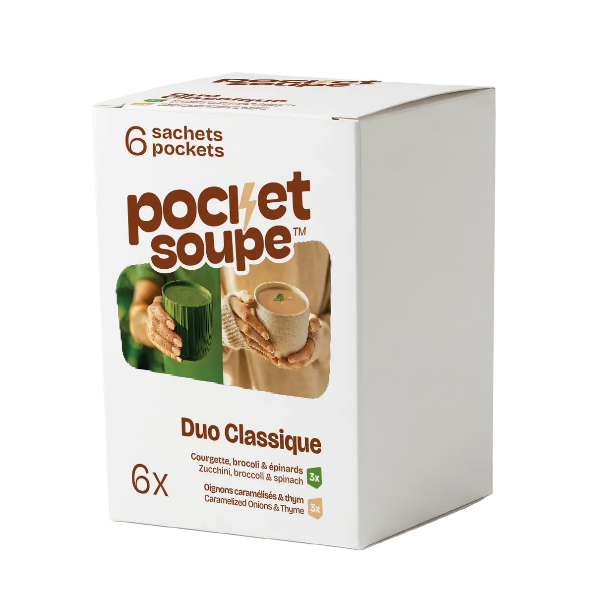 Boite Duo Classique Pocket Soupe : Courgette, brocoli et épinards + Oignons caramélisés et thym