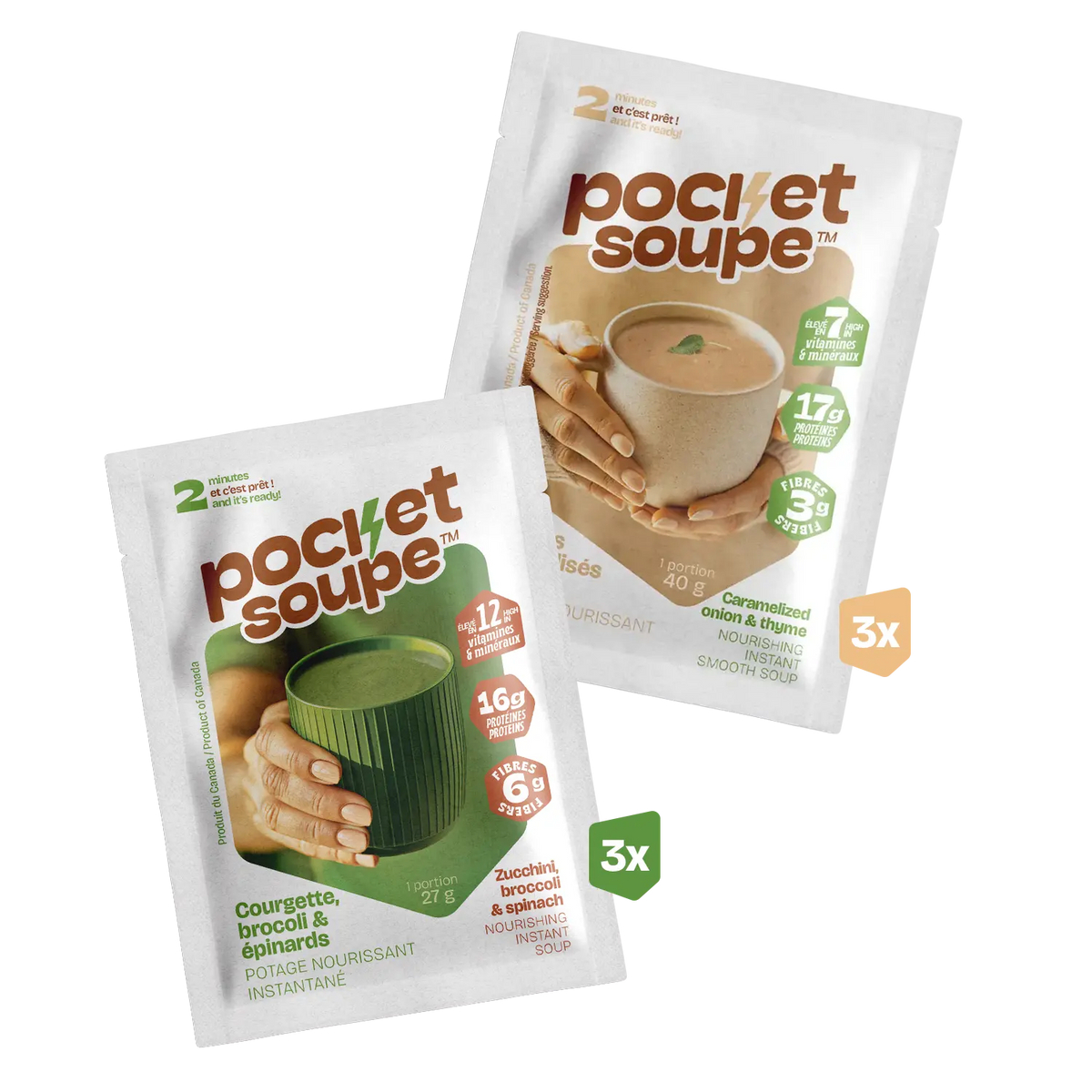 sachets Pocket Soupe disposés en éventail démontrant le contenu de la boite Duo Classique: oignons caramélisés et thym, courgette brocoli et épinards, 