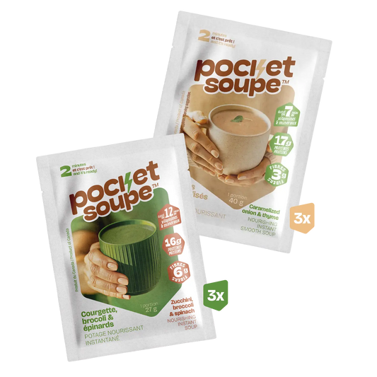 sachets Pocket Soupe disposés en éventail démontrant le contenu de la boite Duo Classique: oignons caramélisés et thym, courgette brocoli et épinards, 