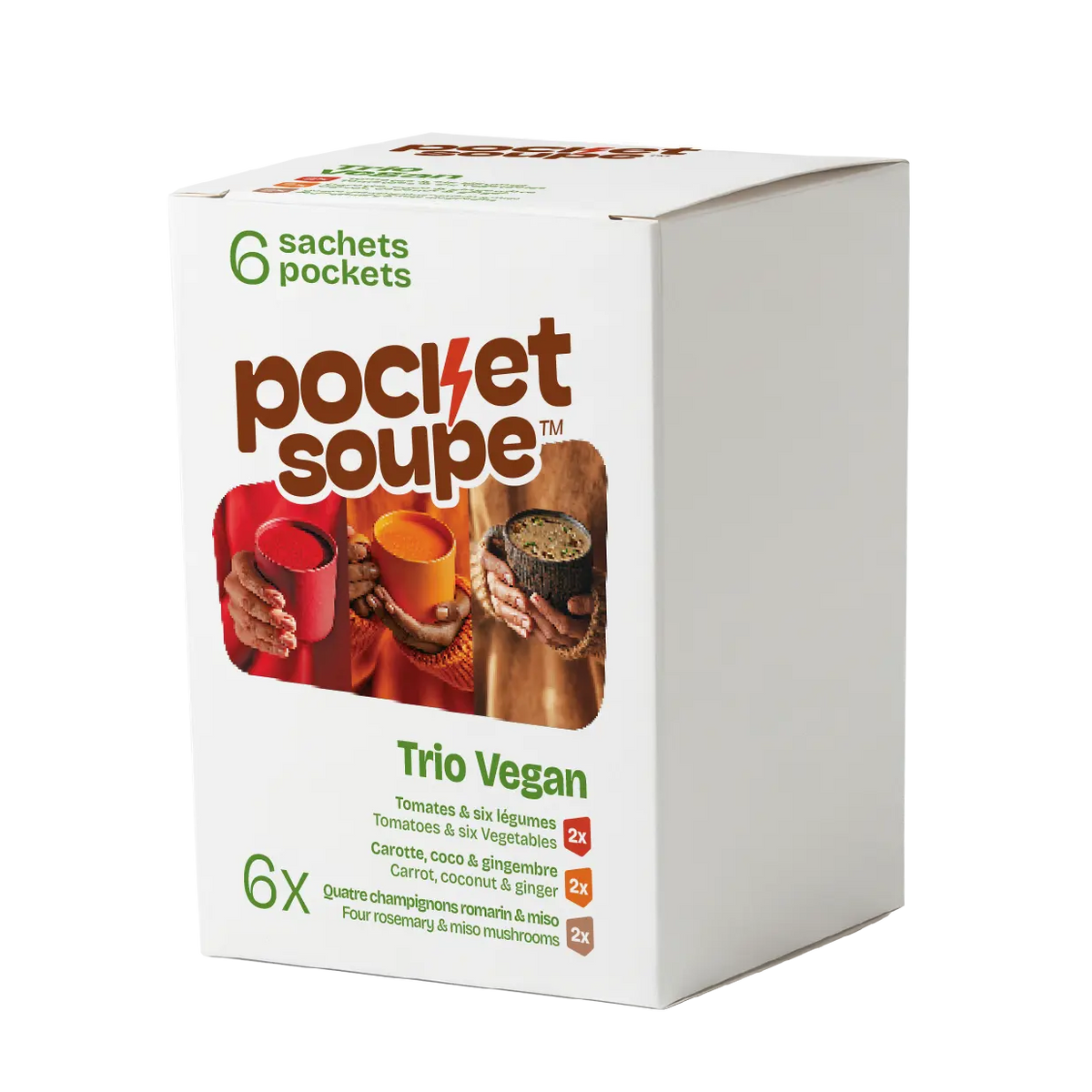 boite Trio Vegan Pocket Soupe: tomates et 6 légumes, carotte coco et gingembre, champignons romarin et miso. 