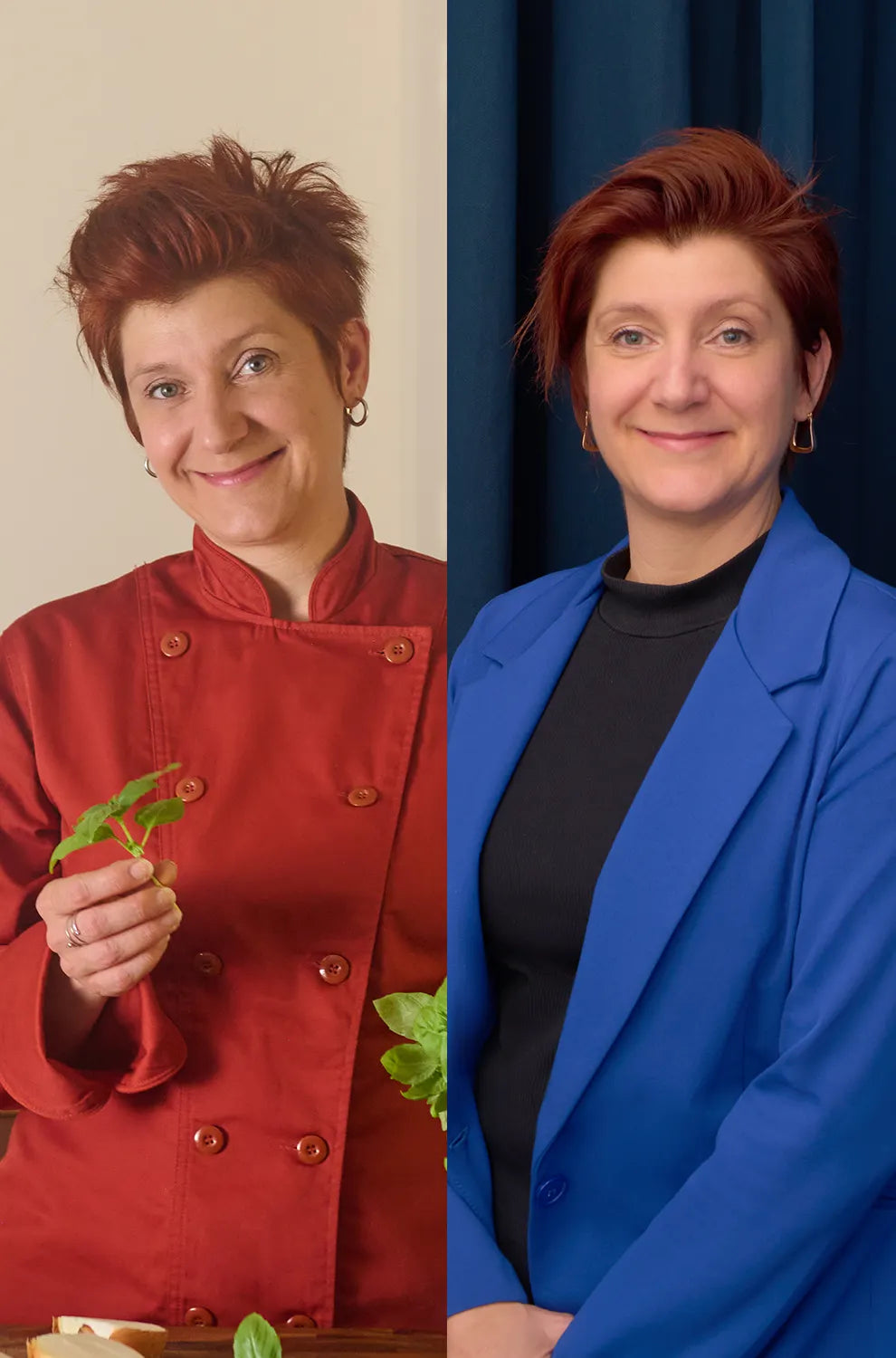 Diptyque d'Annie Beauregard : à droite en veston bleu comme présidente et stratège marketing du Groupe Alt Dente, à gauche en veste de cheffe à cuisiner des pocket soupe avec des herbes fraiches.