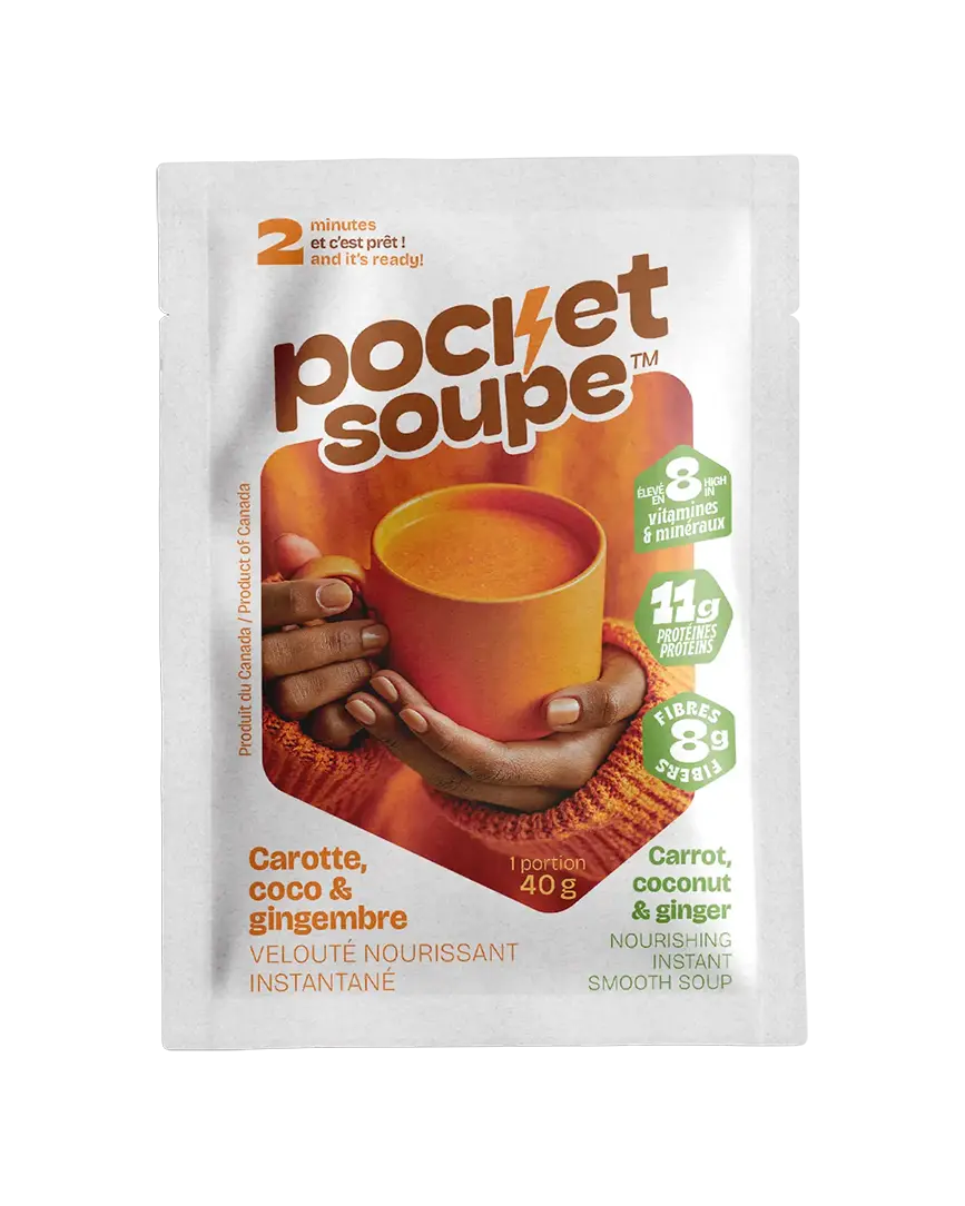 Devant du sachet Pocket Soupe Carotte, coco et gingembre, velouté nourrissant instantané, 40 g, prêt en 2 minutes