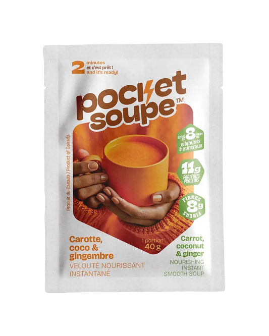 Devant du sachet Pocket Soupe Carotte, coco et gingembre, velouté nourrissant instantané, 40 g, prêt en 2 minutes