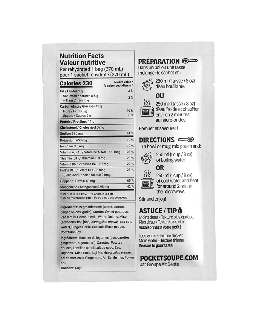 Dos du sachet Pocket Soupe Carotte, coco et gingembre : valeur nutritive, liste d'ingrédients et instructions de préparation