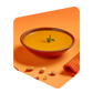Bol de velouté de carotte Pocket Soupe garni de romarin, avec des amandes et un linge de cuisine orange