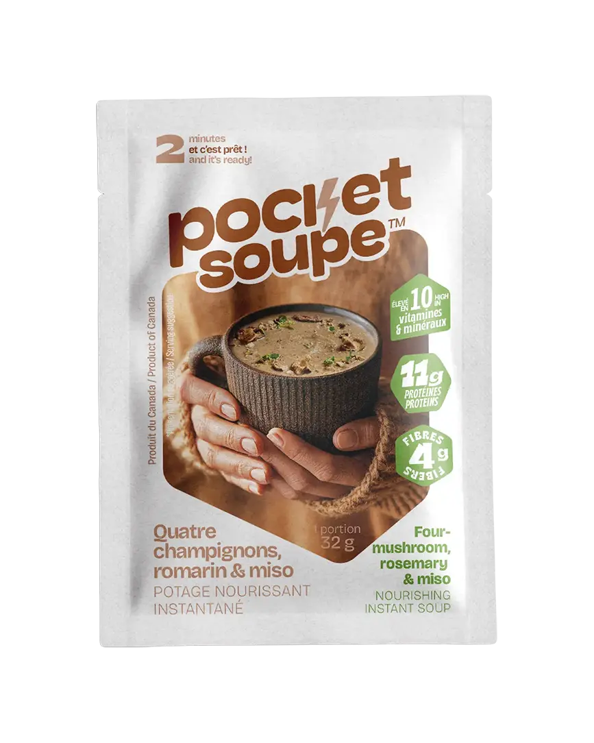 Devant du sachet Pocket Soupe Quatre champignons, romarin et miso, potage nourrissant instantané, 32 g, prêt en 2 minutes