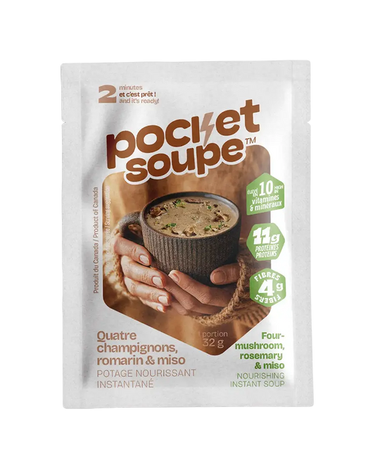 Devant du sachet Pocket Soupe Quatre champignons, romarin et miso, potage nourrissant instantané, 32 g, prêt en 2 minutes