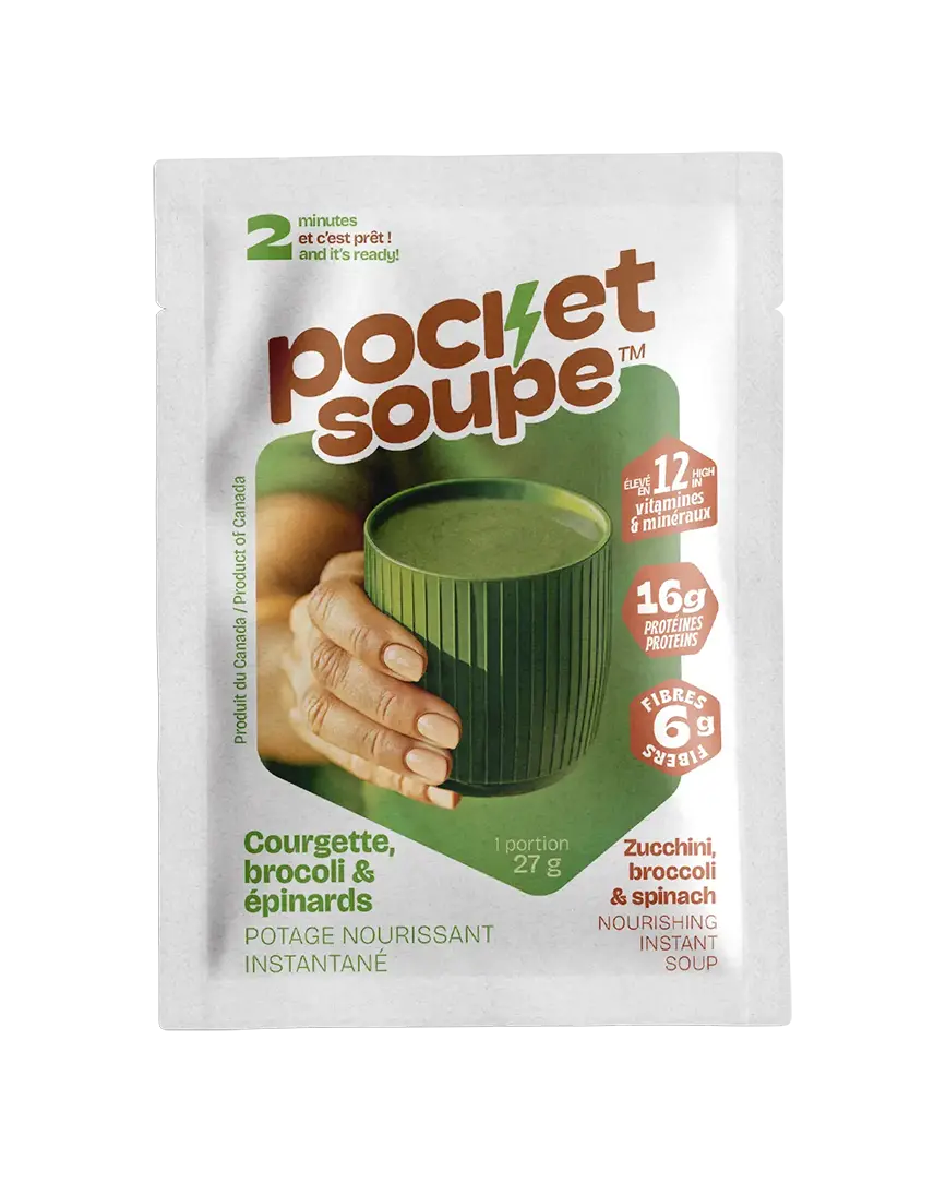 Devant du sachet Pocket Soupe Courgette, brocoli et épinards, potage nourrissant instantané, 27 g, prêt en 2 minutes