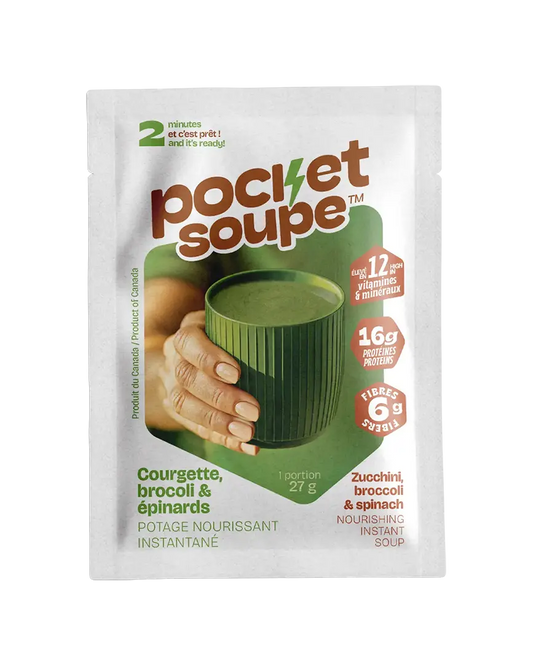 Devant du sachet Pocket Soupe Courgette, brocoli et épinards, potage nourrissant instantané, 27 g, prêt en 2 minutes