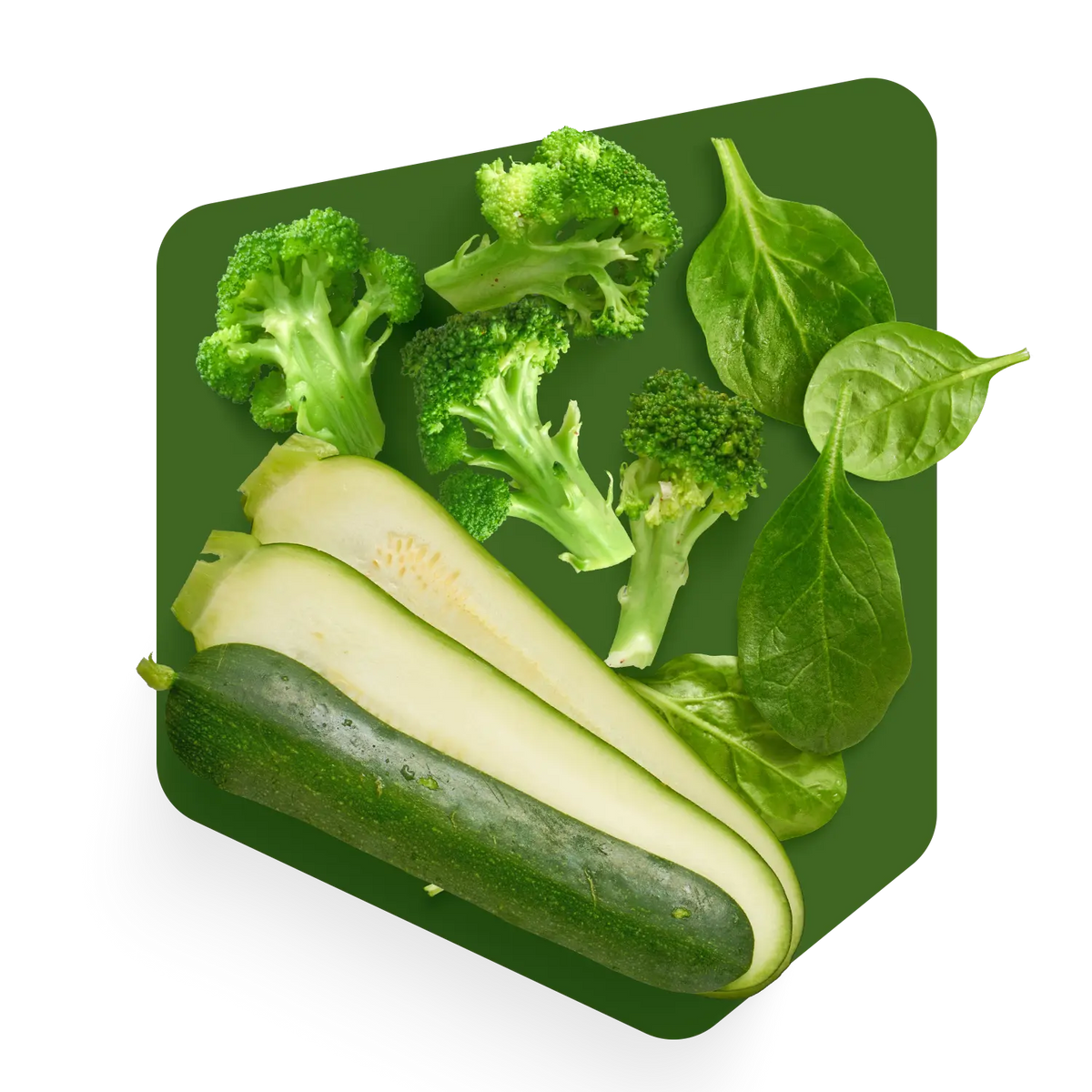 Légumes verts frais de la soupe Pocket Soupe : courgette tranchée, bouquets de brocoli et feuilles d'épinards