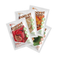Quatre sachets Pocket Soupe disposés en éventail : tomates et 6 légumes, oignons caramélisés et thym, carotte coco et gingembre, courgette brocoli et épinards