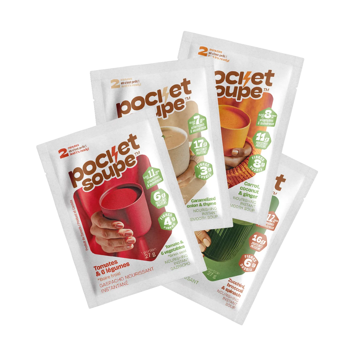 Quatre sachets Pocket Soupe disposés en éventail : tomates et 6 légumes, oignons caramélisés et thym, carotte coco et gingembre, courgette brocoli et épinards