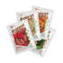 Quatre sachets Pocket Soupe disposés en éventail : tomates et 6 légumes, oignons caramélisés et thym, carotte coco et gingembre, courgette brocoli et épinards