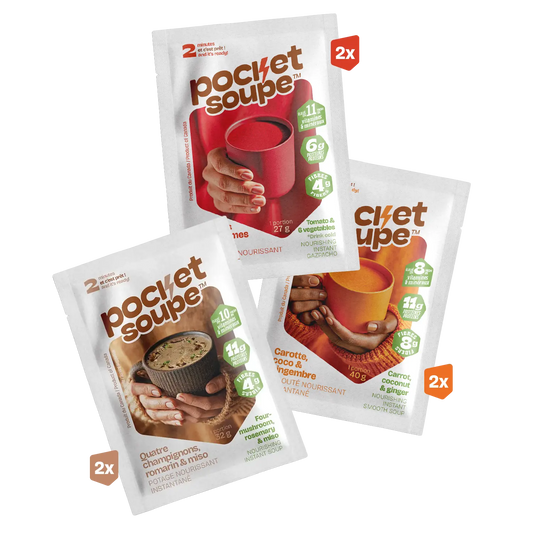 Trio Vegan sachets Pocket Soupe disposés en éventail démontrant le contenu de lala boite trio vegan: tomates et 6 légumes, carotte coco et gingembre, champignons romarin et miso. 