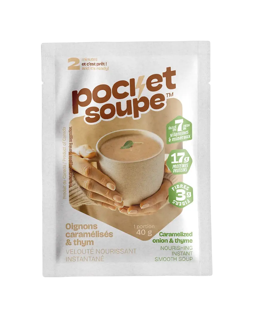 Devant du sachet Pocket Soupe Oignons caramélisés et thym, velouté nourrissant instantané, 40 g, prêt en 2 minutes
