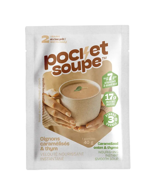 Devant du sachet Pocket Soupe Oignons caramélisés et thym, velouté nourrissant instantané, 40 g, prêt en 2 minutes
