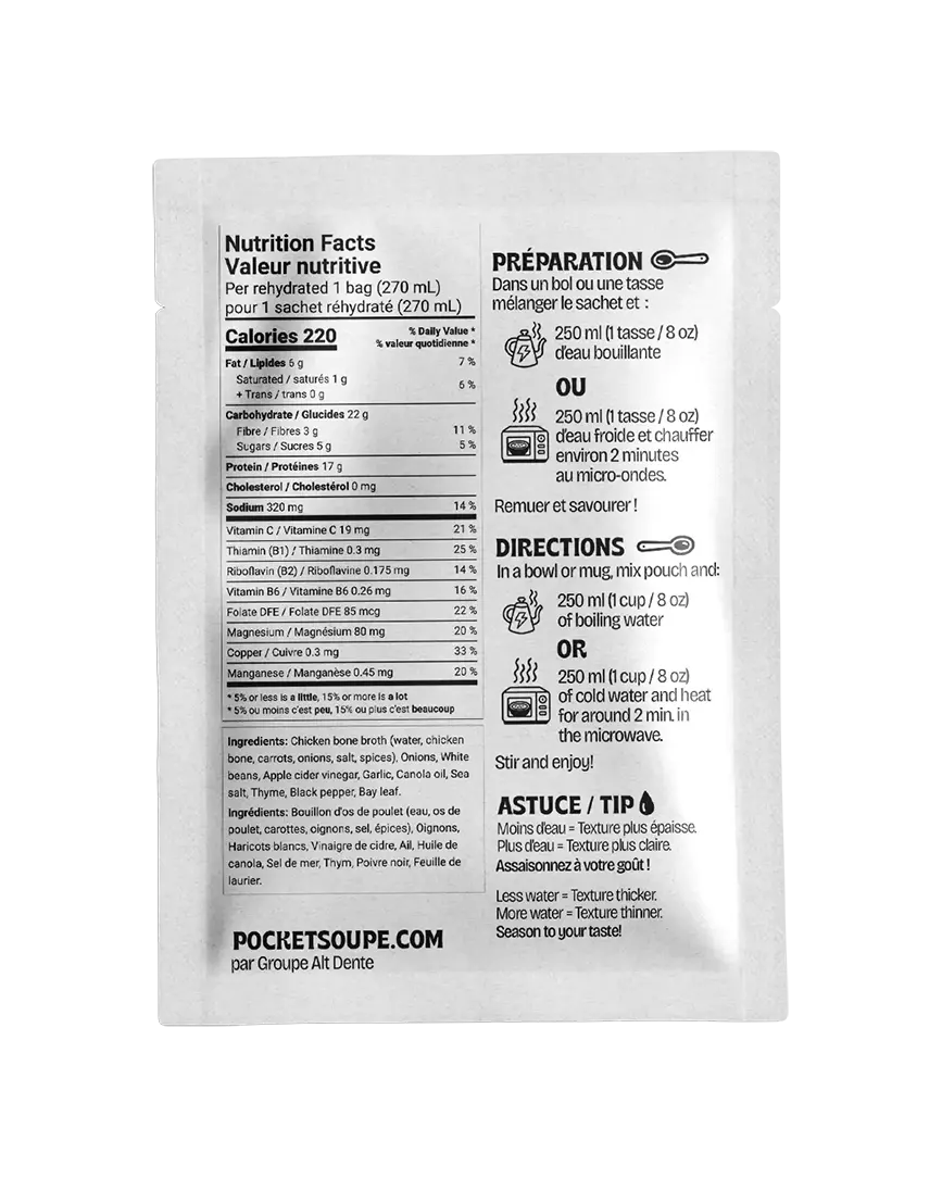Dos du sachet Pocket Soupe Oignons caramélisés et thym : valeur nutritive, liste d'ingrédients et instructions de préparation