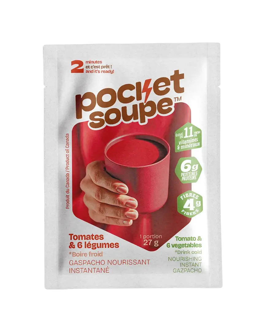 Devant du sachet Pocket Soupe Tomates et 6 légumes, gaspacho nourrissant instantané à boire froid, 27 g