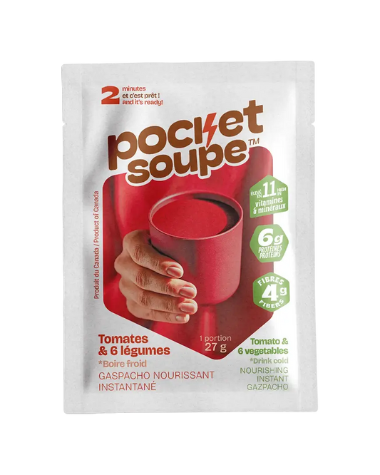 Devant du sachet Pocket Soupe Tomates et 6 légumes, gaspacho nourrissant instantané à boire froid, 27 g
