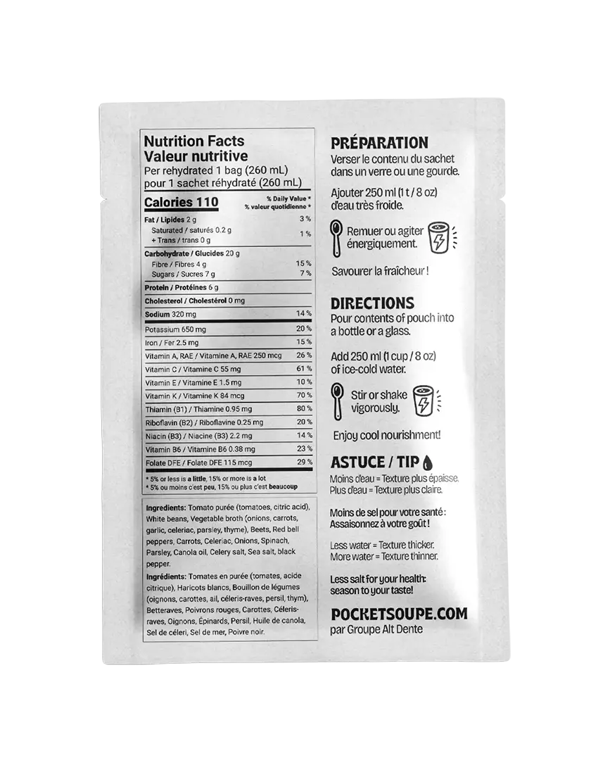 Dos du sachet Pocket Soupe Tomates et 6 légumes : valeur nutritive, liste d'ingrédients et instructions de préparation